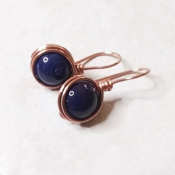Scrumptious! Deepest Purple Agate + Copper ~ Chunky Wire Wrapped Dangle Earrings - Picture 2 of 8